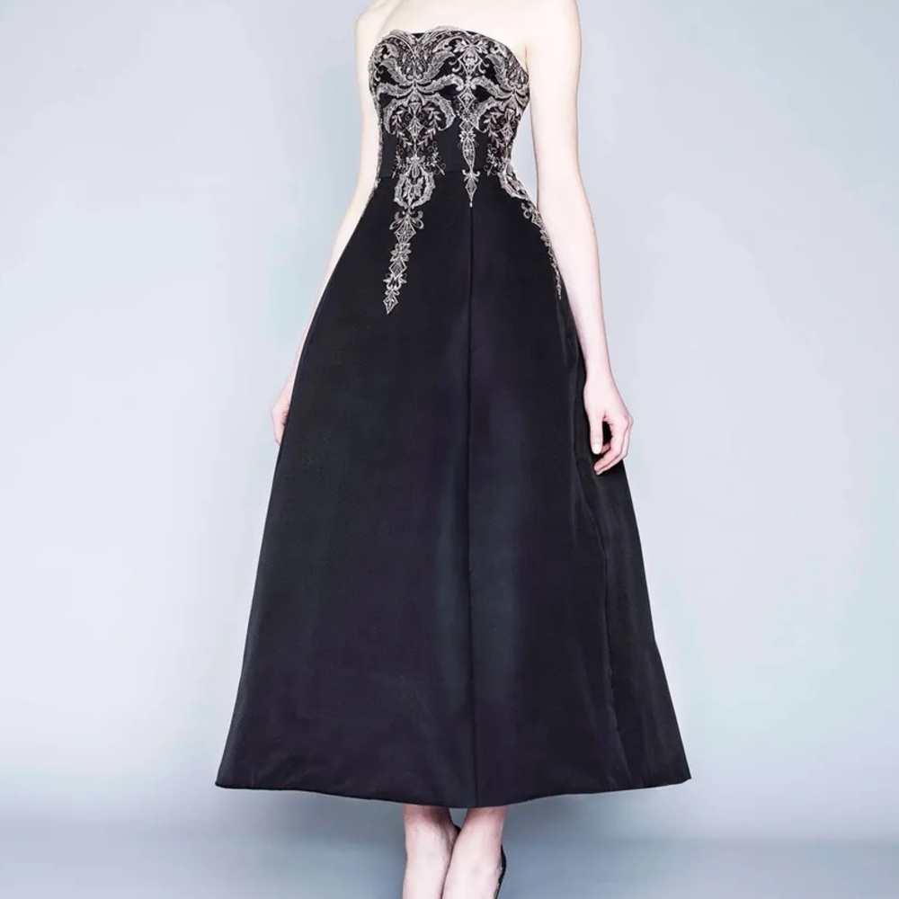Marchesa Notte black and gold ball gown dress
